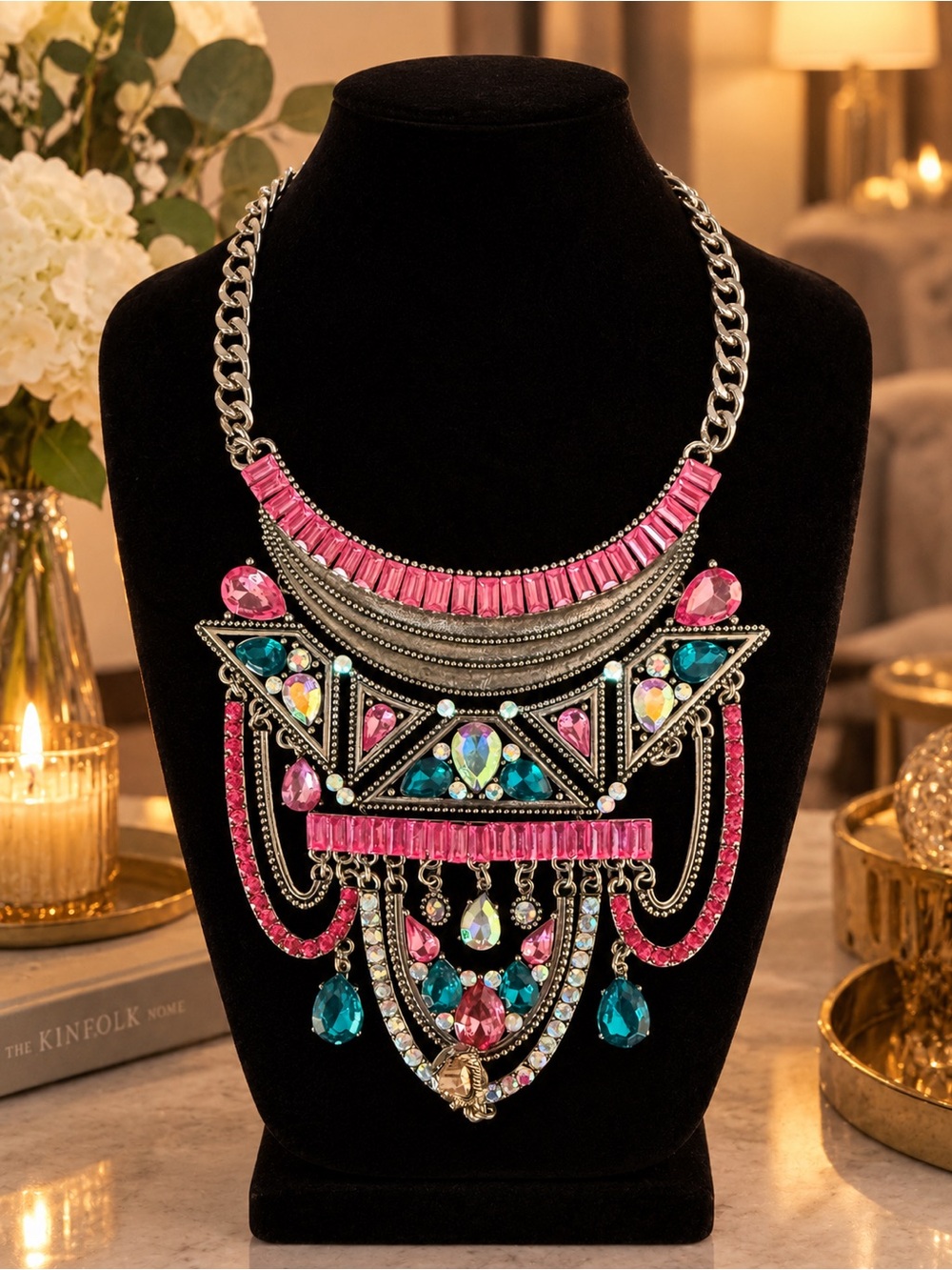 Bold Pink & Teal Crystal Statement Necklace